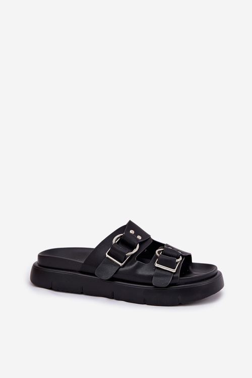 Skórzane Klapki Damskie Z Ozdobnymi Klamrami Big Star RR274658 Czarne