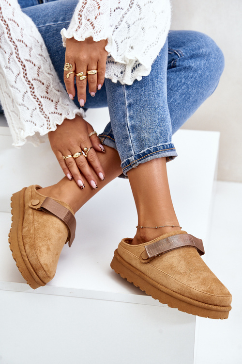 Damskie Kapcie Ocieplane Futerkiem Na Platformie Camel Azida