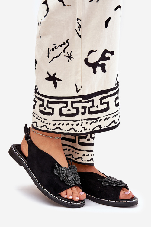 Sandały Damskie Na Płaskim Obcasie Z Ozdobą Czarne Setorina