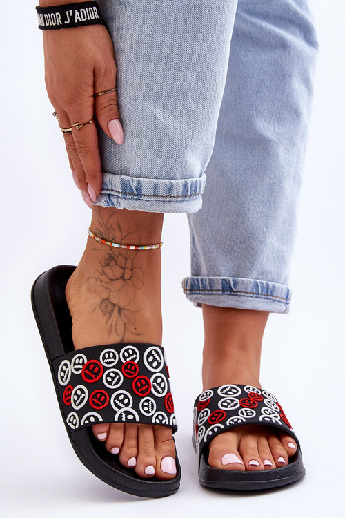 Damskie Klapki Z Emotikonami Czarne Cosette