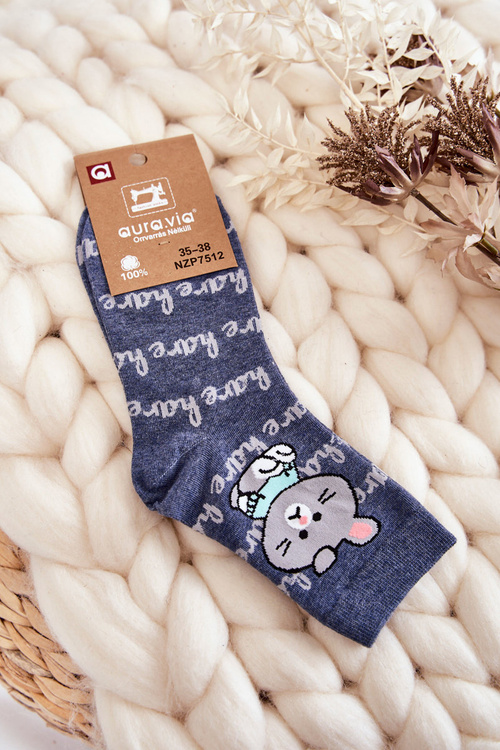 Damskie Bawełniane Skarpetki Zajączek Niebieskie