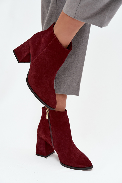 Botki Z Naturalnego Zamszu Obcas Słupek Ocieplane Bordowe Zazoo 3128 