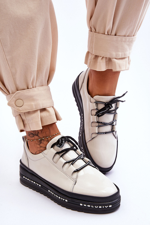 Lakierowane Sneakersy Damskie Na Platformie Beżowe S.Barski LR592B