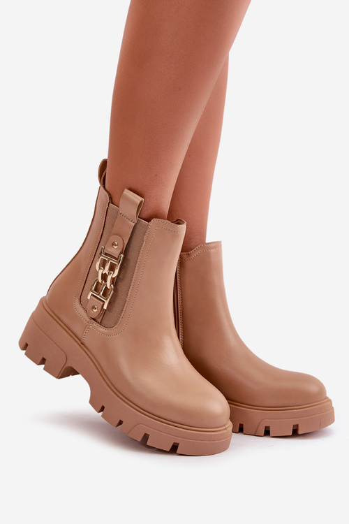 Ocieplane Botki Damskie Eko Skórzane Ze Złotą Ozdobą Beżowe Erivianes