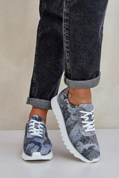 Zamszowe Wzorzyste Buty Sportowe Na Platformie Z Brokatem D&A LR51-635 Niebieskie