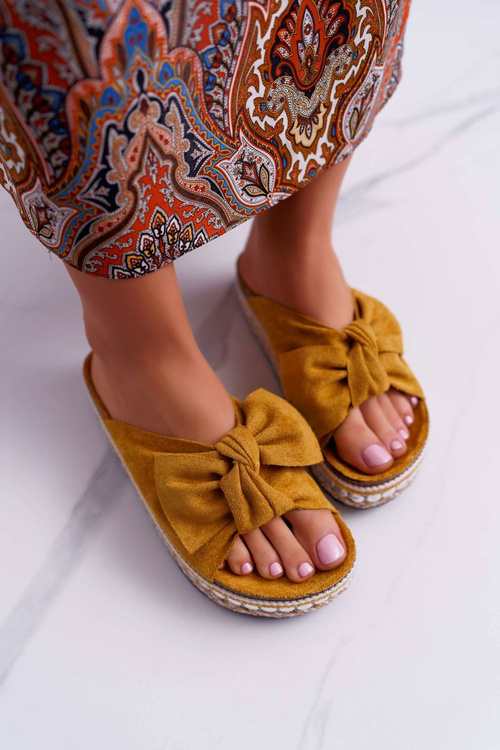 Klapki Damskie Z Kokardami Gruba Podeszwa Żółte Milady