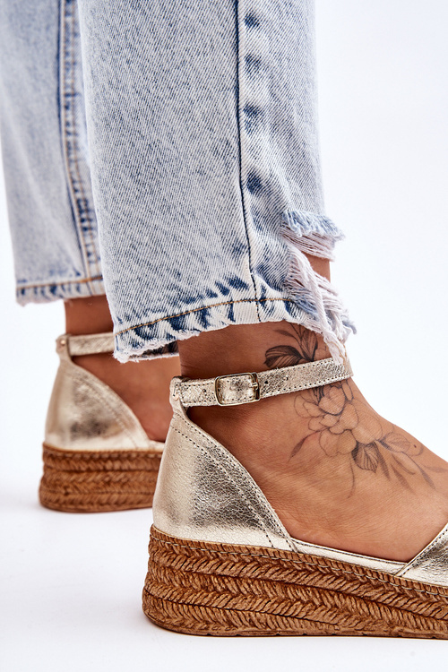 Damskie Skórzane Espadryle Sandały Złote Moise