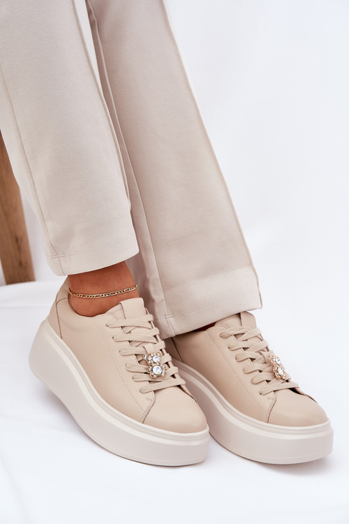 Skórzane Buty Sportowe Damskie Na Platformie Z Przypinką Vinceza 39922 Beżowe