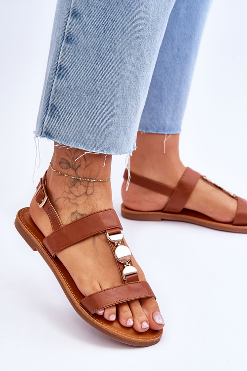 Damskie Płaskie Sandały Z Ozdobnym Paskiem Brązowe Berry