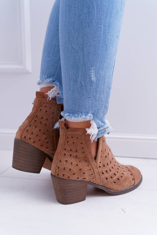 Botki Damskie Na Słupku Ażurowe z Wycięciami Brązowe Mediolan