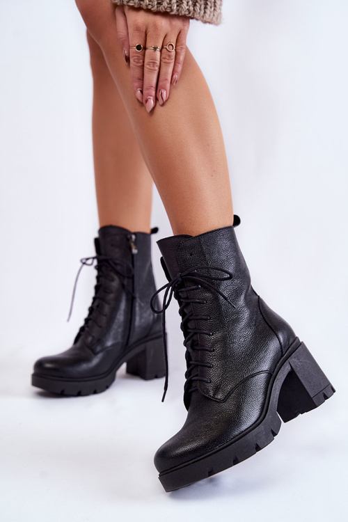 Skórzane Damskie Botki Na Obcasie Czarne Lemar Rea