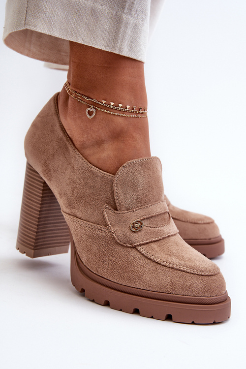 Półbuty Damskie Eko Zamszowe Na Słupku Beżowe Larmaves