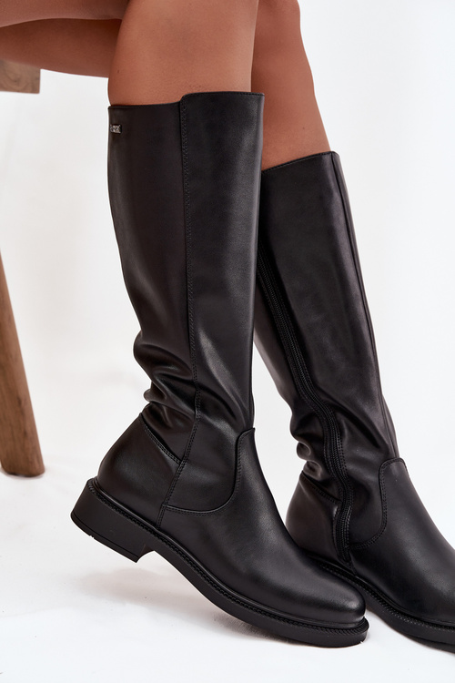 Skórzane Kozaki Damskie Ocieplane Na Płaskim Obcasie Sergio Leone KZ25600-S Czarne