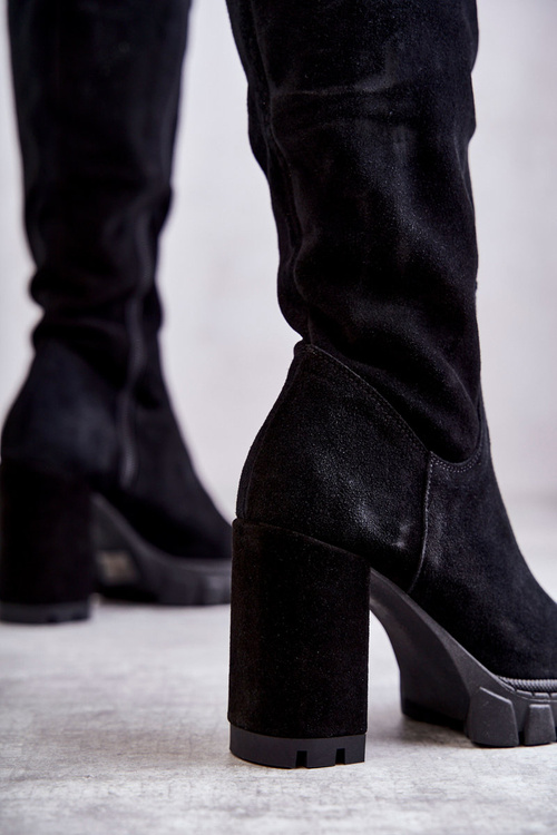 Modne Zamszowe Kozaki Muszkieterki Czarne Estrela