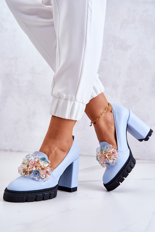 Eleganckie Czółenka Z Ozdobą Gładkie Niebieskie Caterine