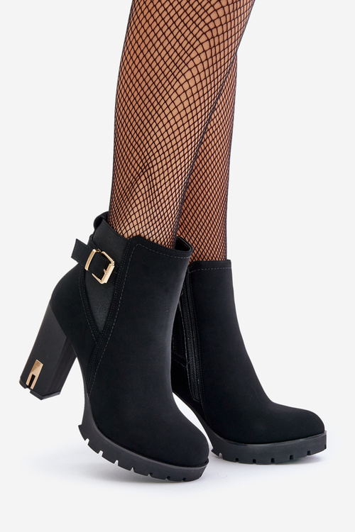Botki Damskie Ze Złotą Klamrą Na Słupku Ocieplane Czarne Erilanes
