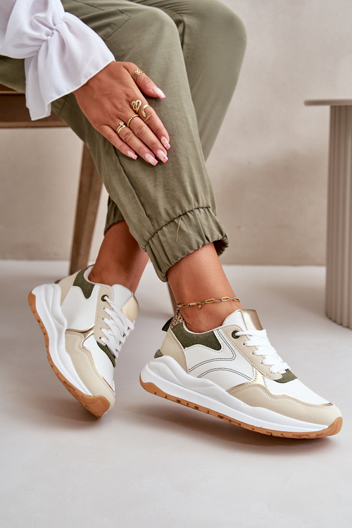 Sneakersy Damskie Na Platformie Z Eko Skóry Beżowo-Zielone Issatta