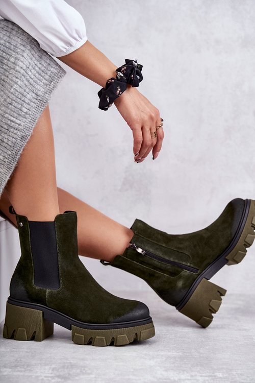 Zamszowe Damskie Botki Na Platformie Khaki Lemar Hilde
