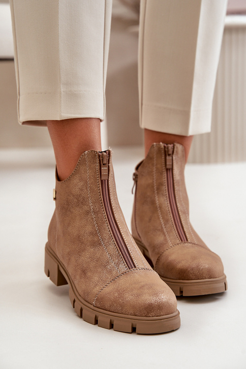 Ocieplane Botki Damskie Z Przetarciami Eko Skórzane Brązowo-Złote Verietta