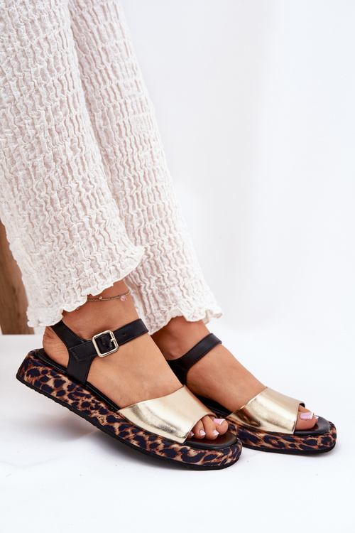 Sandały Skórzane Damskie Na Platformie Z Panterką S.Barski JC51-347 Złote