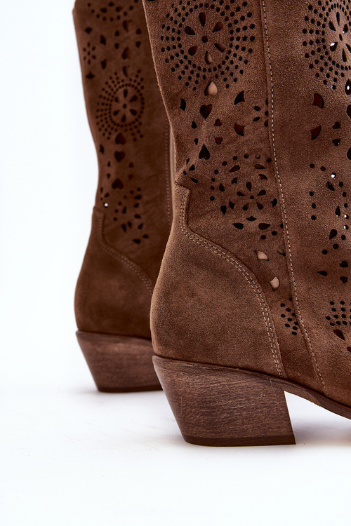 Zazoo 3396 Zamszowe Ażurowe Kozaki Do Połowy Łydki Brązowe