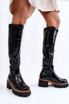 Modne Lakierowane Damskie Kozaki Przed Kolano Czarne Venise