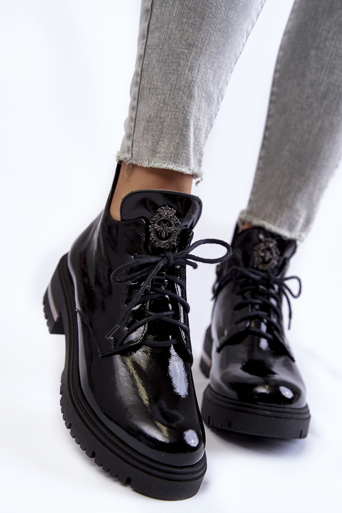 Zazoo 60309 Damskie Lakierowane Botki Na Płaskim Obcasie Czarne