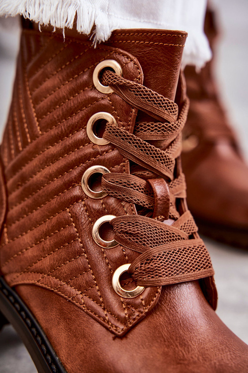 Skórzane Pikowane Botki Z Ociepleniem Brązowe Torino