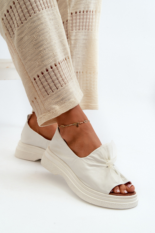 Zazoo 2939 Skórzane Sandały Damskie Z Kokardką Białe