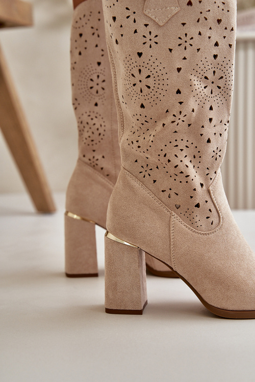 Ażurowe Botki Damskie Na Słupku Z Noskami W Szpic Eko Zamszowe Beżowe Nevithra