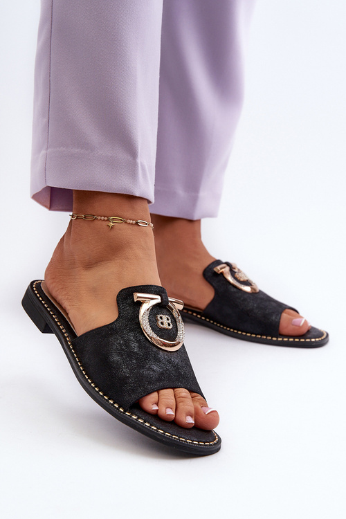 Eleganckie Błyszczące Klapki Damskie Z Ozdobą S.Barski KV27-032 Czarne