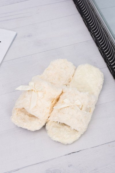 Damskie Klapki Domowe Beżowe Papcie ze Wstążką