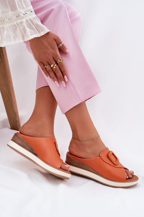 Klapki Damskie Skórzane Na Koturnie Artiker 56C2149 Pomarańczowe