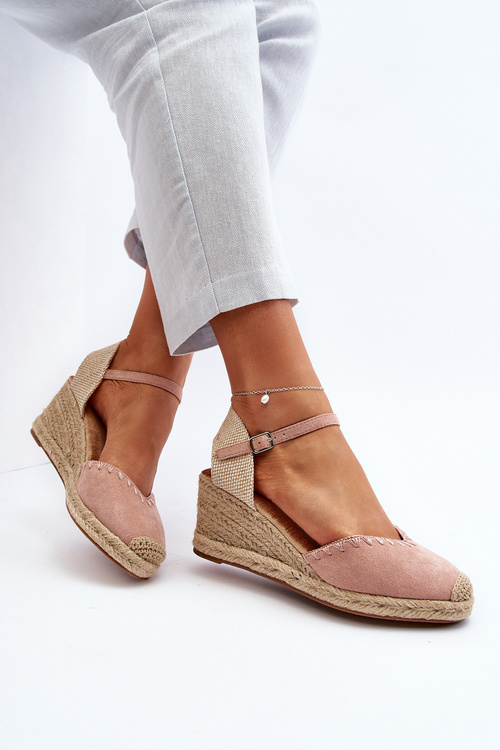 Zamszowe Sandały Espadryle Na Koturnie Z Plecionką Różowe Raylin