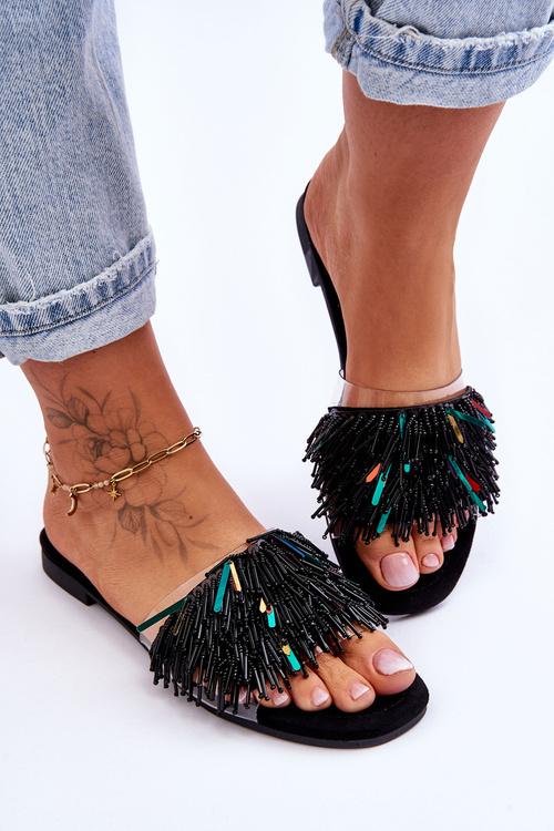 Damskie Klapki Z Modnymi Ozdobami S.Barski KV-576-4 Czarne