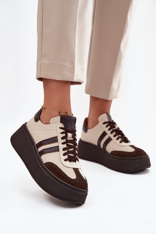 Skórzane Sneakersy Damskie Na Platformie Zazoo 3775 Beżowo-Czekoladowe
