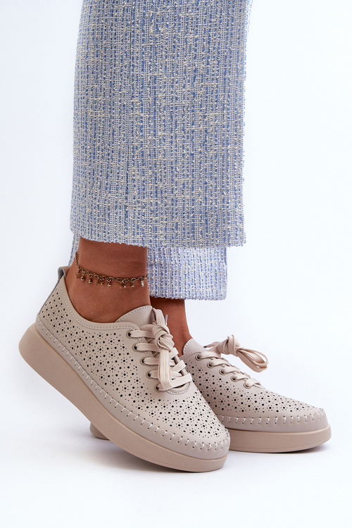 Skórzane Sneakersy Na Platformie S.Barski LR278 Beżowe