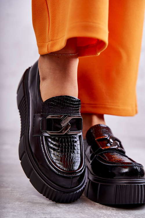 Modne Skórzane Półbuty Na Platformie Czarne Marsol