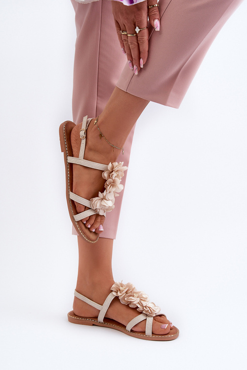 Sandały Damskie Płaskie Ozdobione Kwiatkami Beżowe Abidina