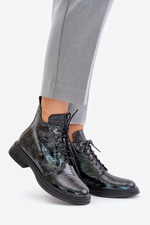 Skórzane Lakierowane Botki Damskie Ocieplane Na Zamek D&A LZ42-042 Czarno-Szare