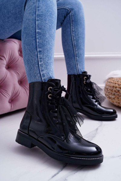 Botki Damskie Lakierowane Płaskie Czarne Barski 39-2