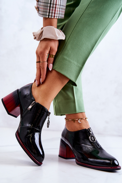 Lakierowane Modne Półbuty Na Słupku Czarno-Czerwone Lorena