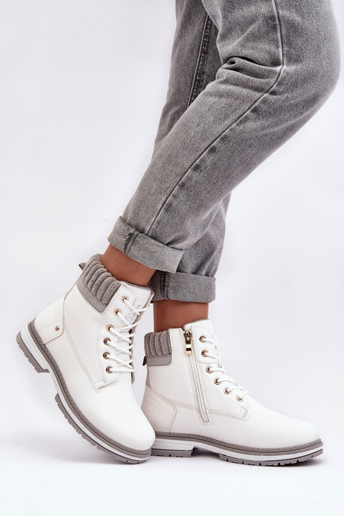 Damskie Skórzane Trapery Ocieplane Białe Katalis