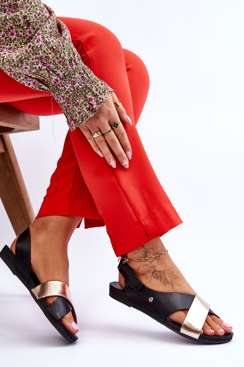 Zazoo 40141 Skórzane Sandały Na Rzep Czarno-Złote