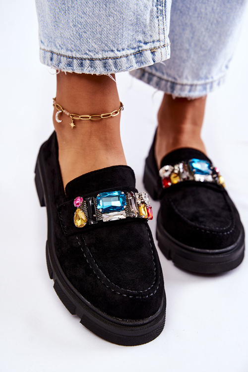 Damskie Zamszowe Półbuty Loafery Z Ozdobą Czarne Karlott