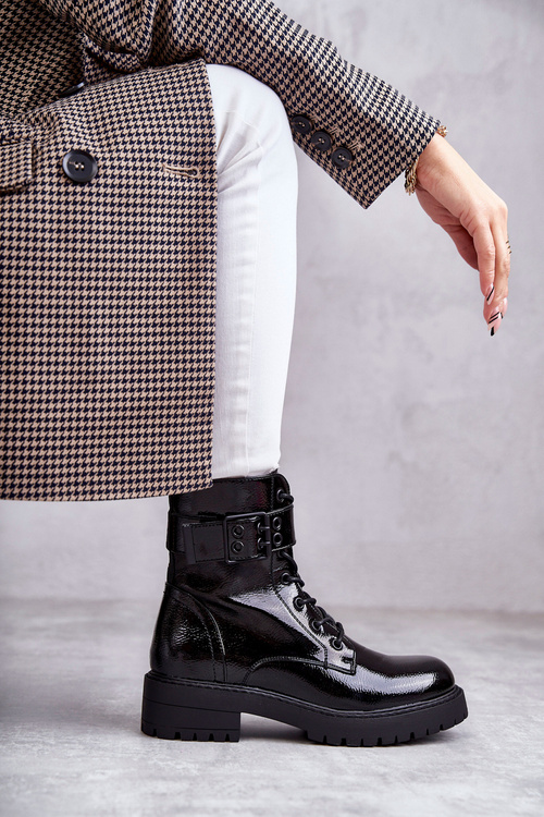 Damskie Botki Lakierowane Sznurowane Na Płaskim Obcasie Czarne Firmina