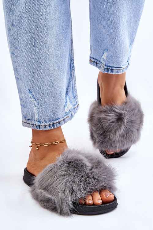 Damskie Klapki Z Futerkiem Szare Kennet