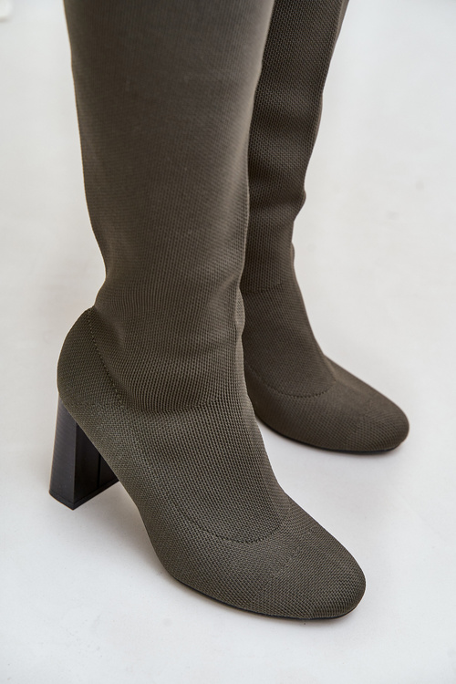 Kozaki Ze Skarpetkową Cholewką Za Kolano Na Słupku Ciemnozielone Esanira