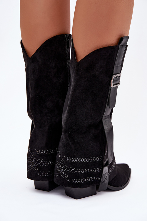 Kozaki Kowbojki Damskie Ze Zdobieniem I Klamrą Czarne Camilora