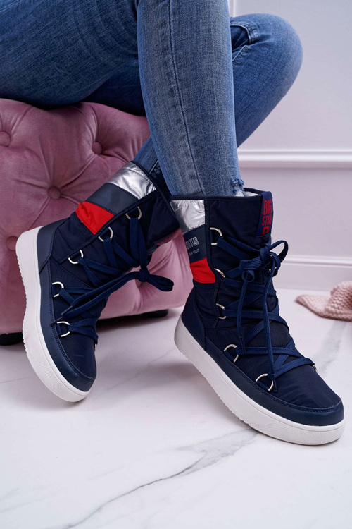 Damskie Botki Śniegowce Ocieplane Futerkiem Big Star Granatowe EE274657